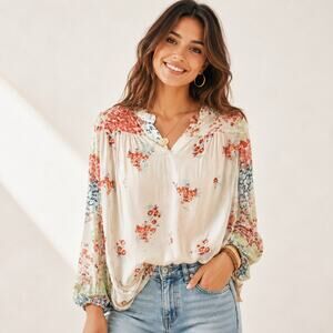 Lucky Brand Blouse Women's Size XS White Floral Lightweight Boho Cottage Casual